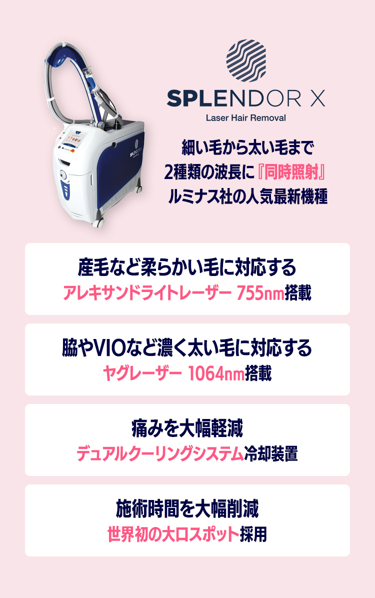 ルミナス社の人気最新機種「Splendor X」を使用 産毛にもVIOの太い毛にも対応 デュアルクーリングシステム冷却装置で痛みを大幅軽減 大口スポットで施術時間を大幅削減
